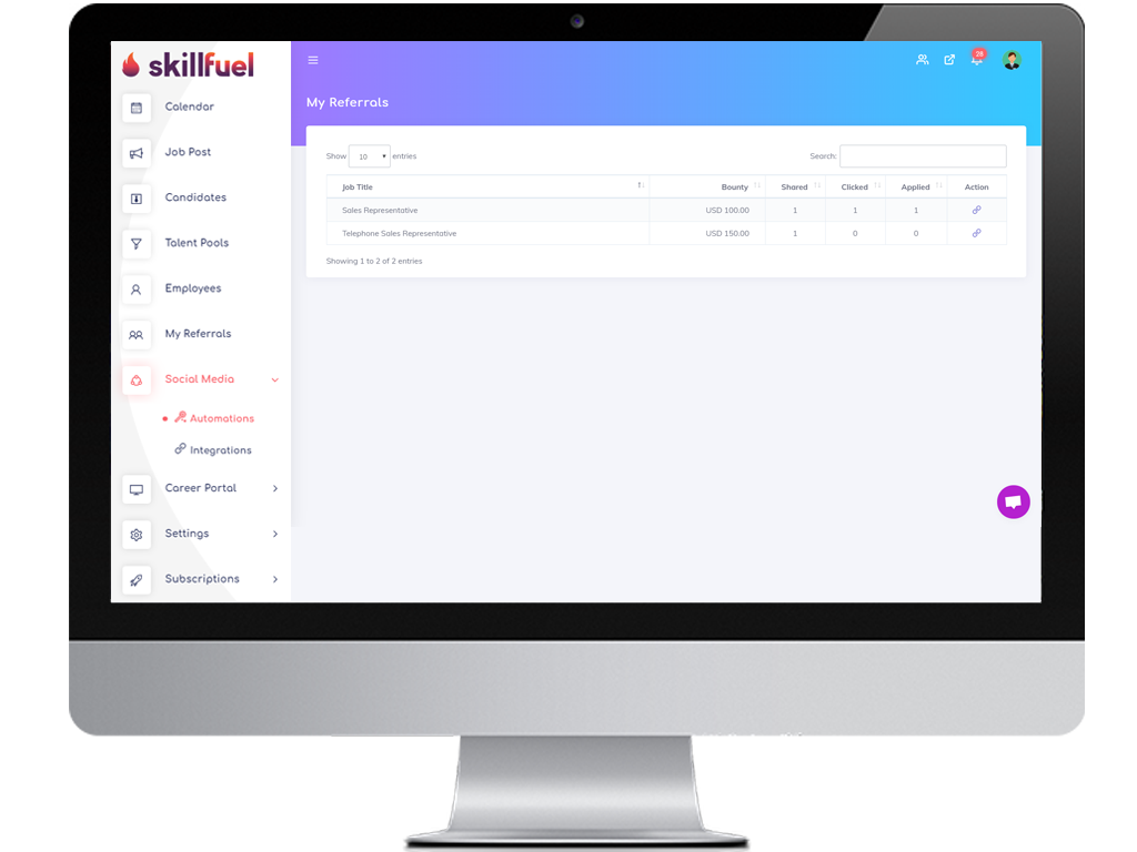 Skillfuel's My Referrals dashboard on computer screen