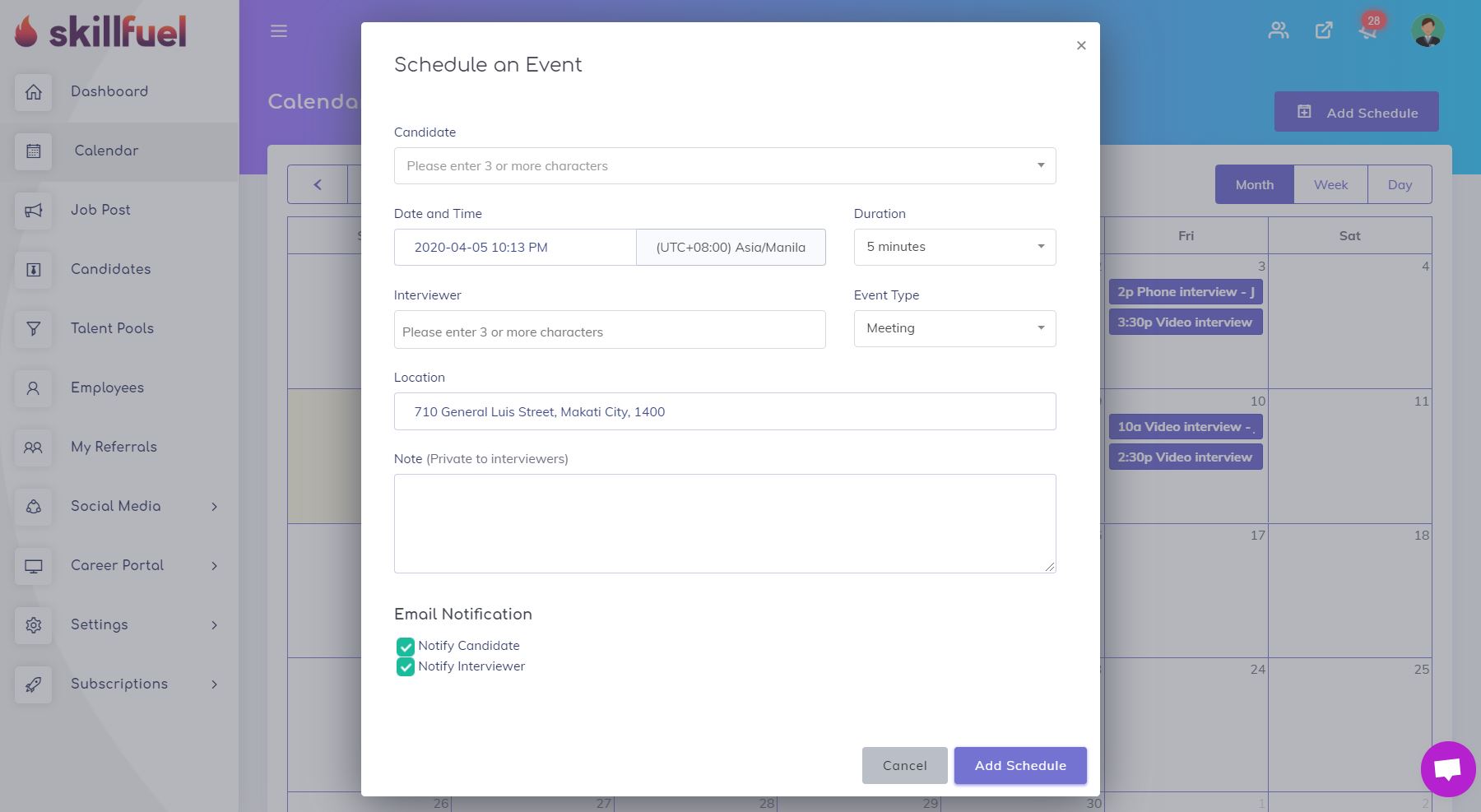 schedule an interview using Skillfuel
