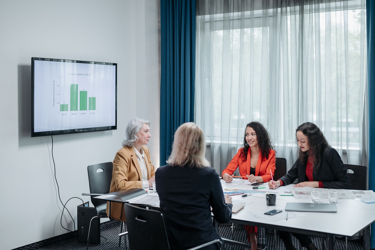 group of women strategizing on a social media recruitment plan