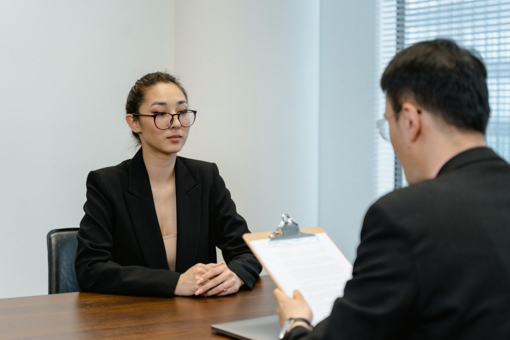 a woman in an interview