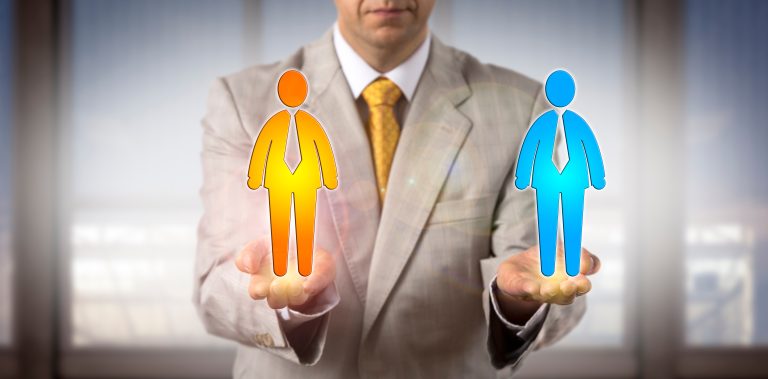 male recruiter is comparing male internal and external candidates icons in the open palms of his hands held on same level