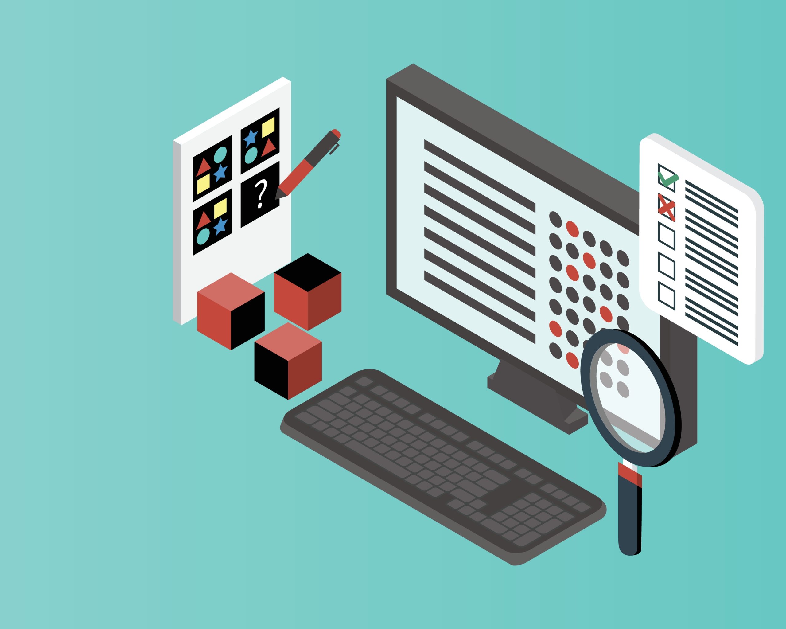 different recruitment assessments and tests on paper and computer screen for hiring process illustration