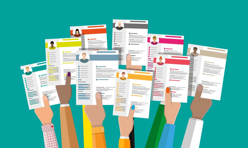 batch of hands holding resumes with different colors vector illustration