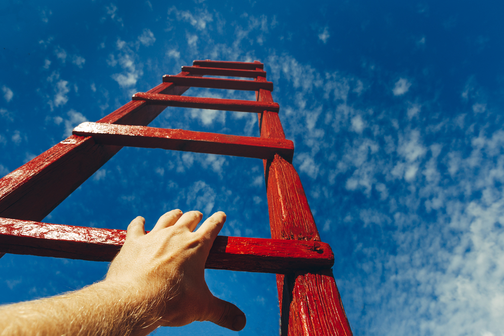 hand of a man reaching a wooden ladder