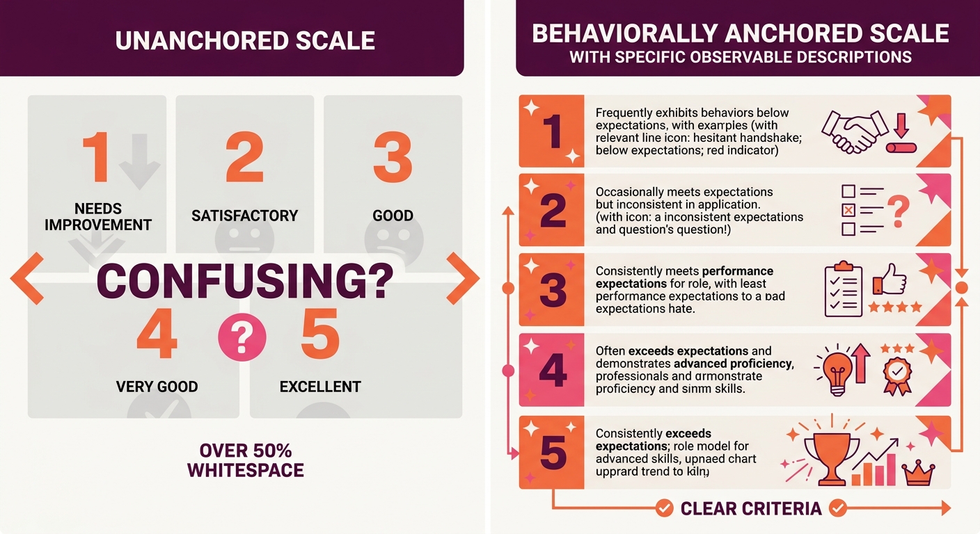 A side-by-side comparison showing an unanchored 1-5 rating scale with vague labels versus a behaviorally anchored scale with specific observable descriptions for each score level