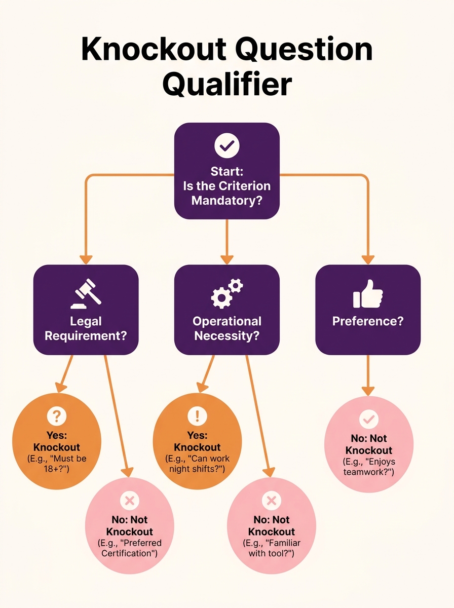 Infographic showing a decision tree for whether a screening criterion qualifies as a knockout question, with branches for legal requirement, operational necessity, and preference, each leading to yes/