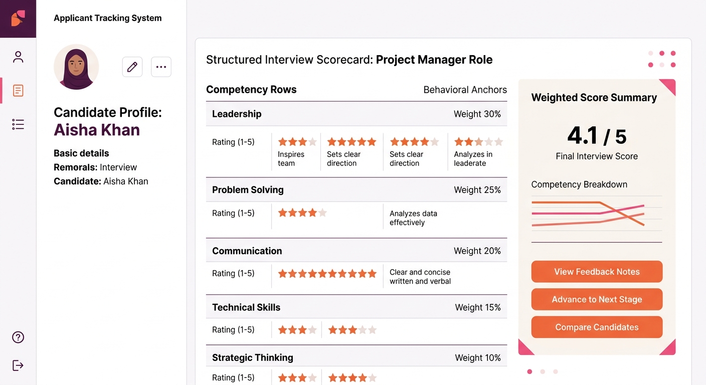 A screenshot-style mockup of an ATS interface showing a structured interview scorecard embedded within a candidate profile, with competency rows, behavioral anchors, and a weighted score summary
