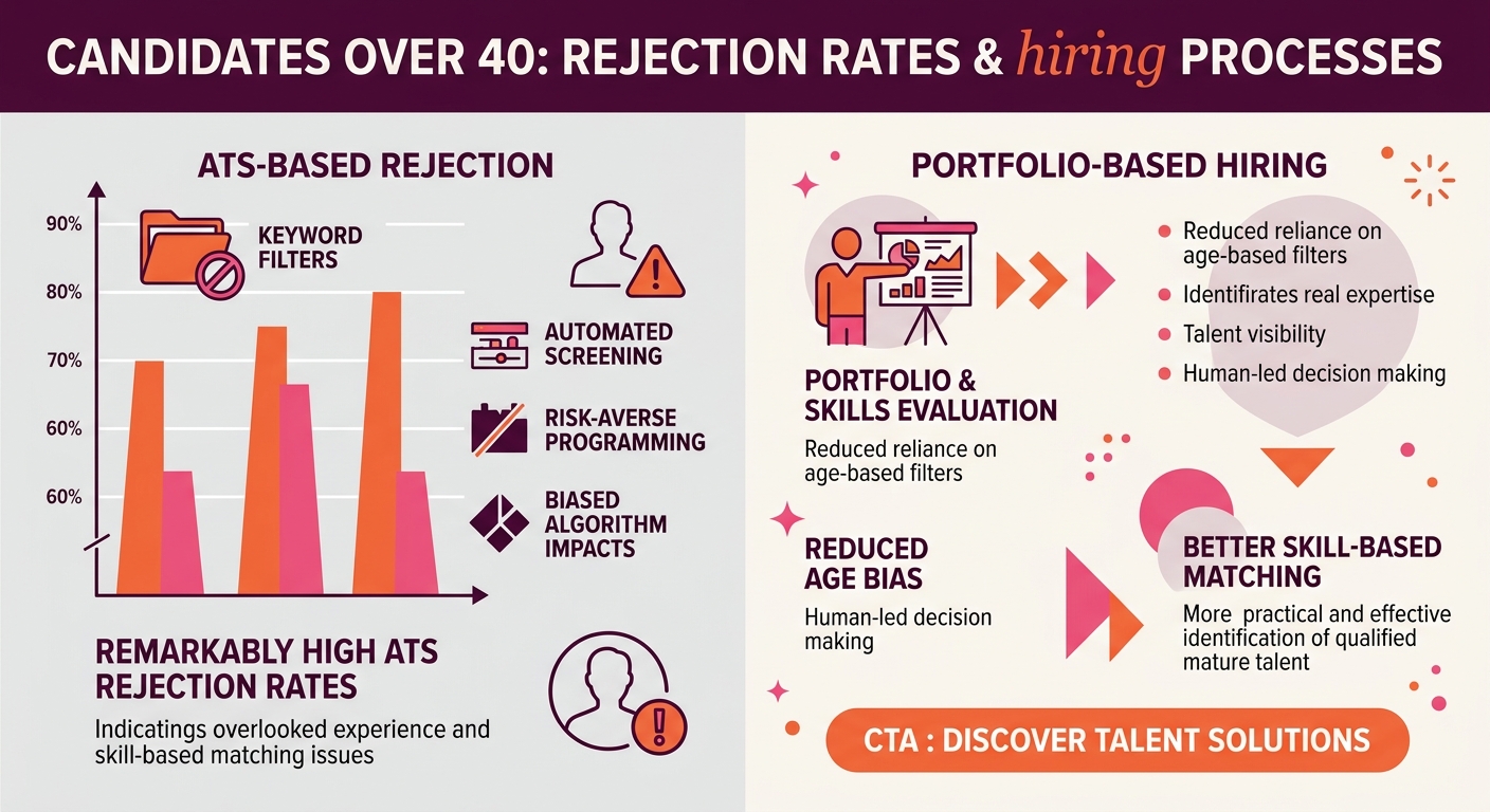 Comparison chart showing ATS rejection rates versus portfolio-review hiring processes for candidates over 40