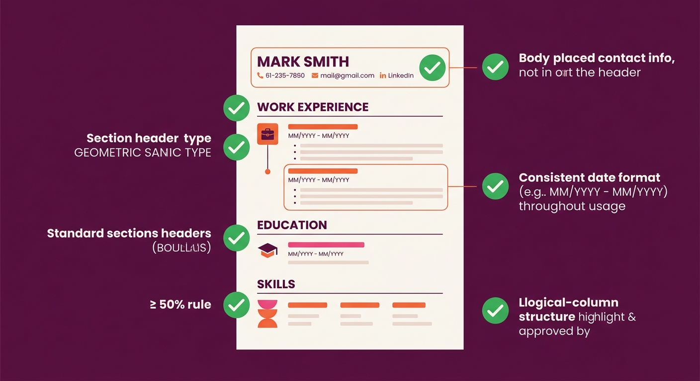 A clean diagram showing a simple, ATS-compatible resume layout with labeled zones—body-placed contact info at top, standard section headers, single-column structure, consistent date format—with green