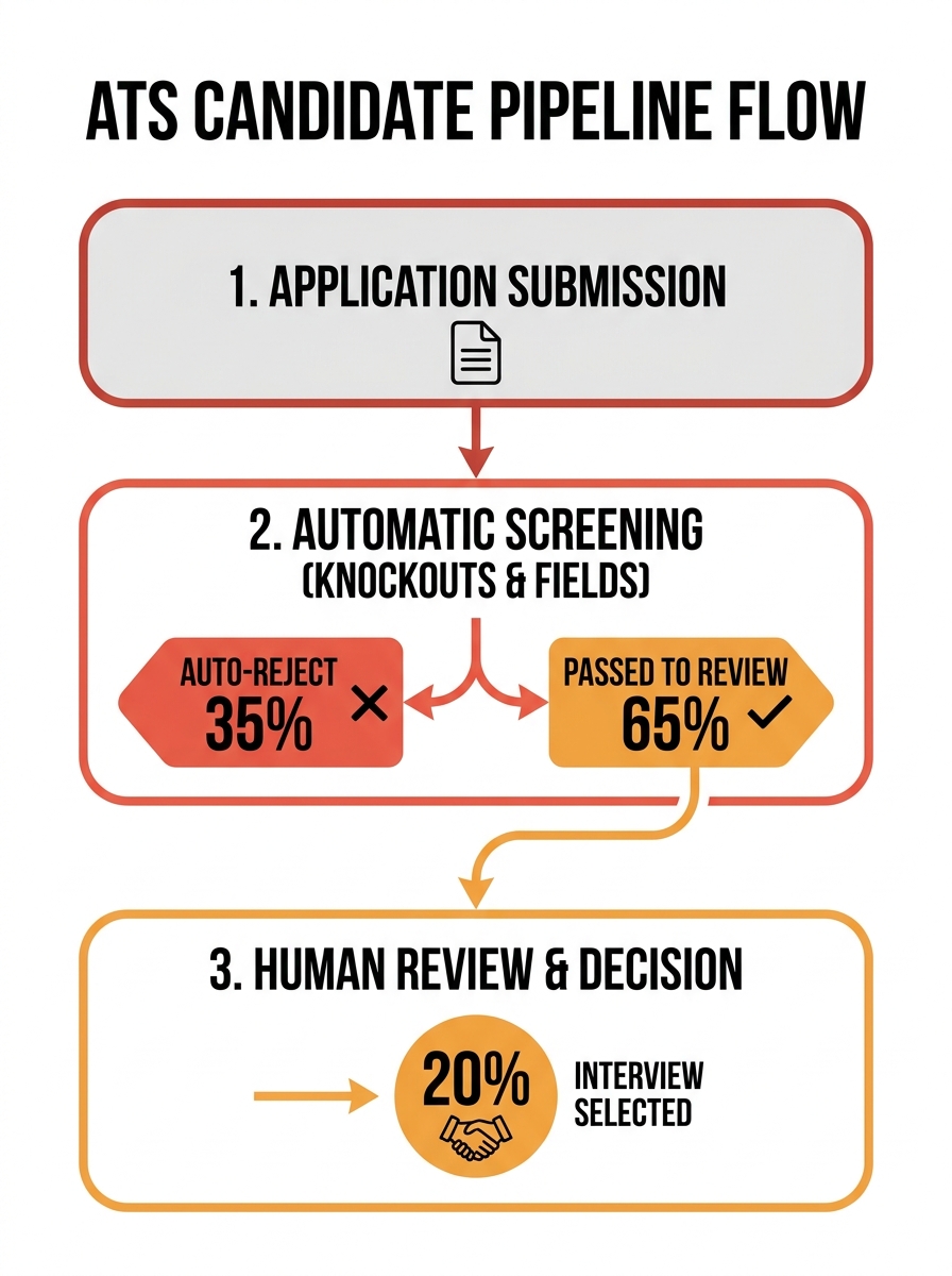 Infographic showing the journey of a candidate application through an ATS pipeline, with labeled decision points where knockout questions and required fields trigger automatic rejection versus where h