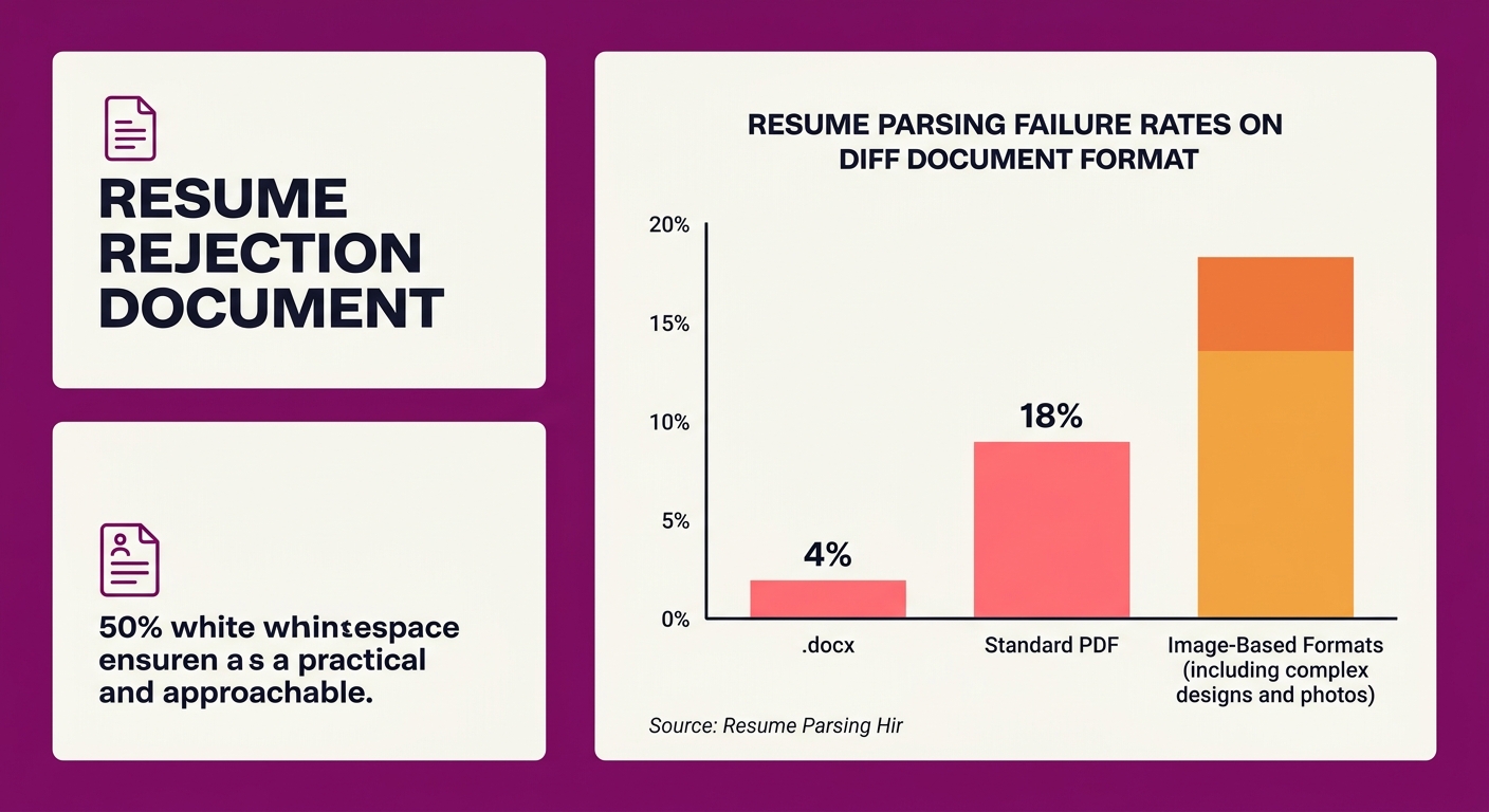 Bar chart comparing resume rejection rates by format type, with .docx at 4% parsing failure rate, standard PDF at 18%, and image-based formats at the highest rate, labeled with source attribution