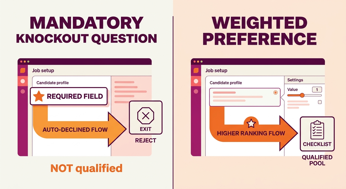Side-by-side comparison of an ATS job setup screen showing a required field marked as a mandatory knockout question on the left versus the same field configured as a weighted preference on the right,