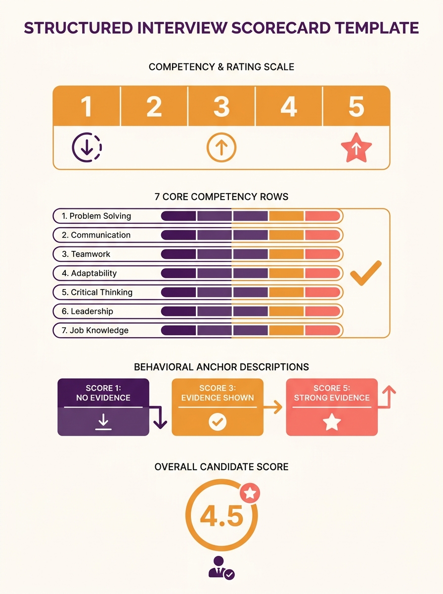 An infographic showing a structured interview scorecard template with 7 competency rows, a 1-5 rating scale across columns, and behavioral anchor descriptions for scores 1, 3, and 5