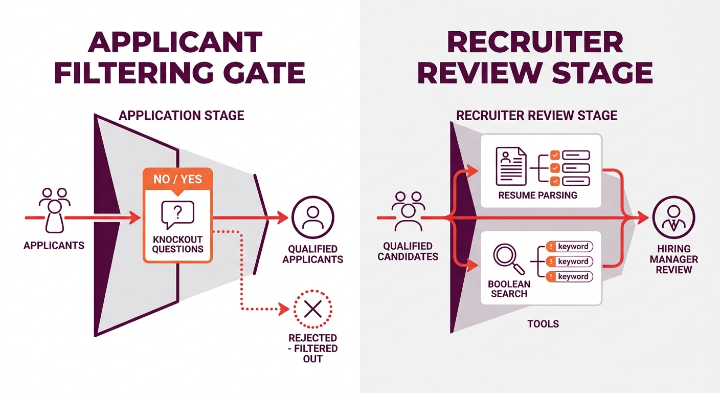 Side-by-side comparison diagram showing the ATS pipeline with knockout questions as a gate at the application stage on the left, and resume parsing plus Boolean search as tools within the recruiter re