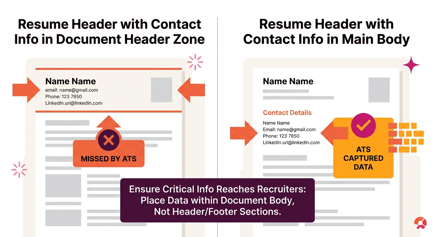 A side-by-side visual showing a resume header with contact info placed inside a document header/footer zone versus the same info placed in the main body, with arrows indicating which data the ATS capt