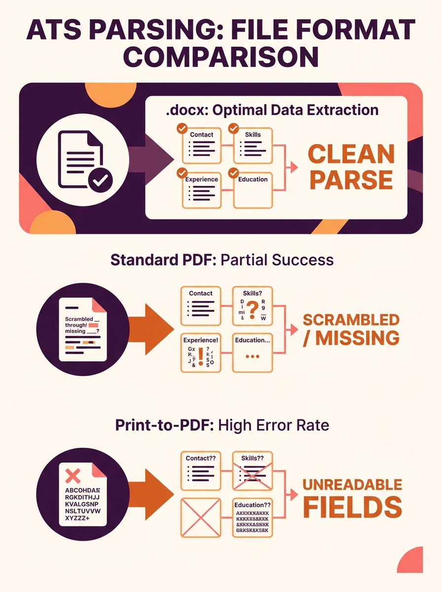 Infographic comparing how the same resume content appears when parsed by an ATS from three different file formats—.docx, standard PDF, and Print-to-PDF—showing clean data extraction vs. scrambled or m