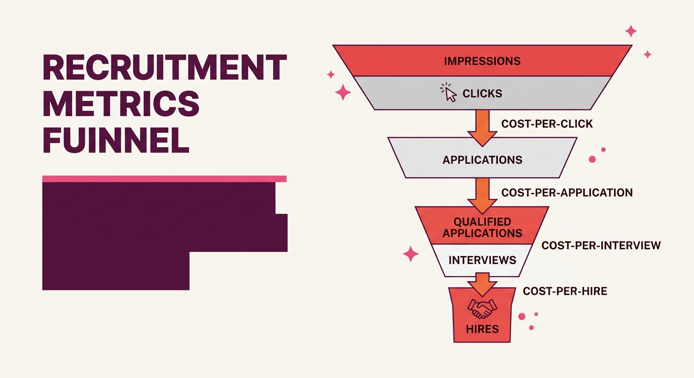 a funnel diagram showing recruitment metrics at each stage — impressions and clicks at the top, applications in the middle, qualified applications and interviews below, and hires at the bottom, with c