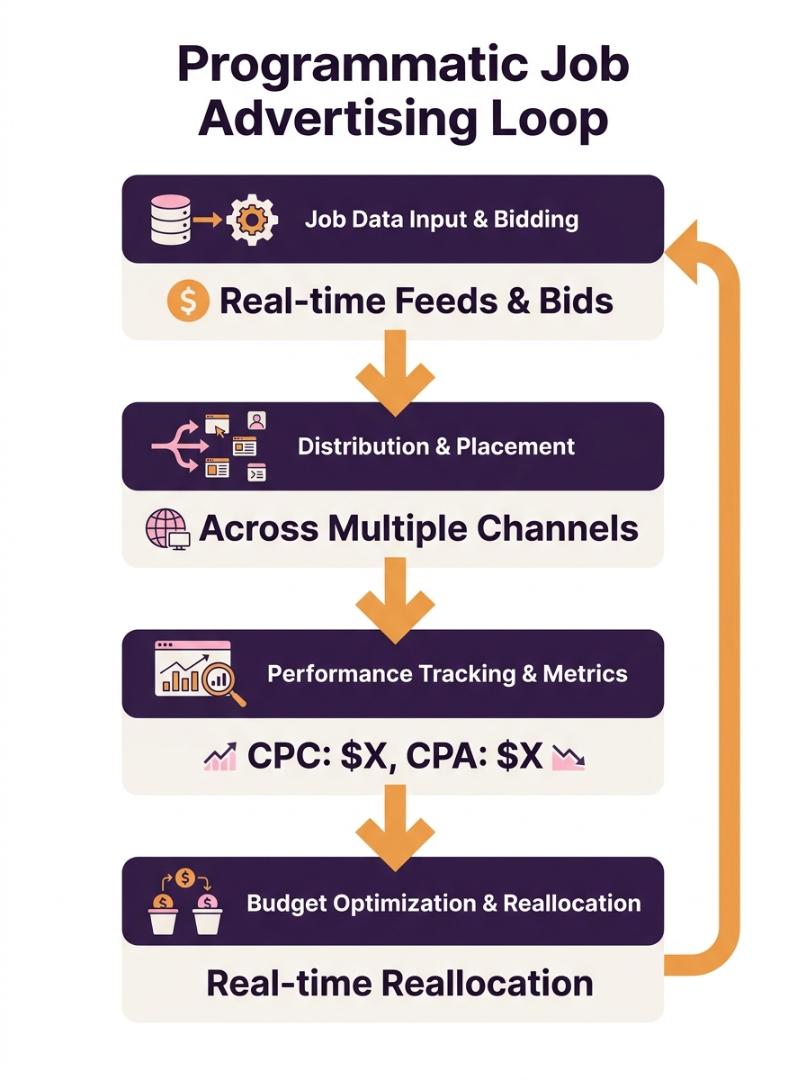 infographic showing the programmatic job advertising loop — job data feeds into bidding algorithm, algorithm distributes ads across multiple job boards, performance data feeds back to algorithm, budge