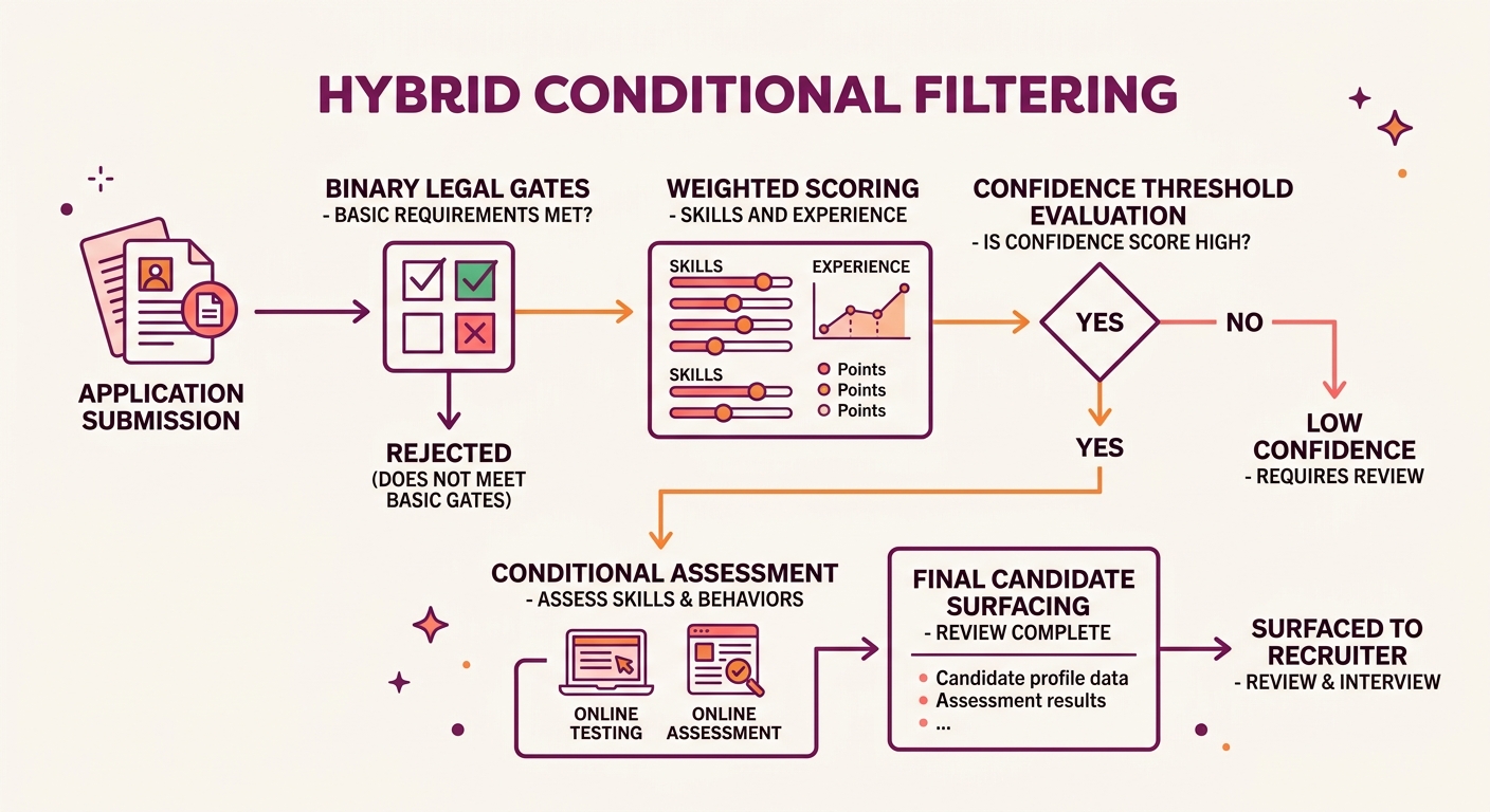 Flowchart showing the hybrid conditional filtering process from application submission through binary legal gates, weighted scoring, confidence threshold evaluation, conditional assessment trigger, an