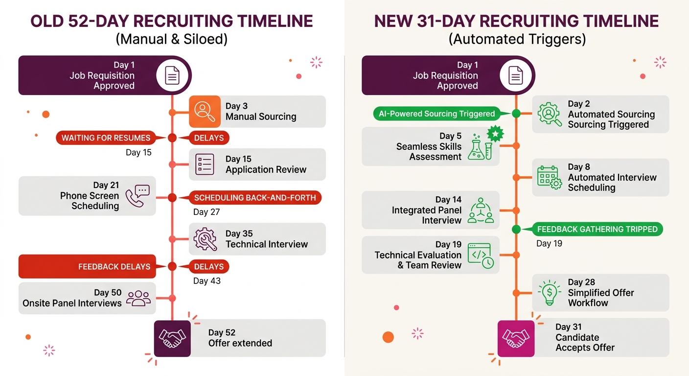 a side-by-side comparison showing two recruiting timelines for an engineering role, the old 52-day process with manual steps and delays marked in red versus the new 31-day process with automated trigg