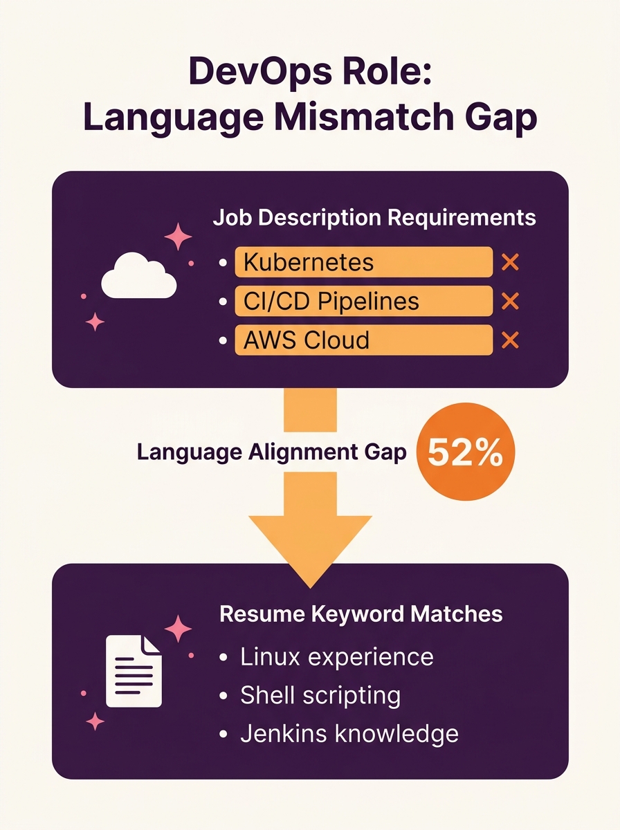 Infographic showing a side-by-side comparison of job description language versus resume language for the same DevOps role, with highlighted keyword mismatches and a 52% gap statistic at the center