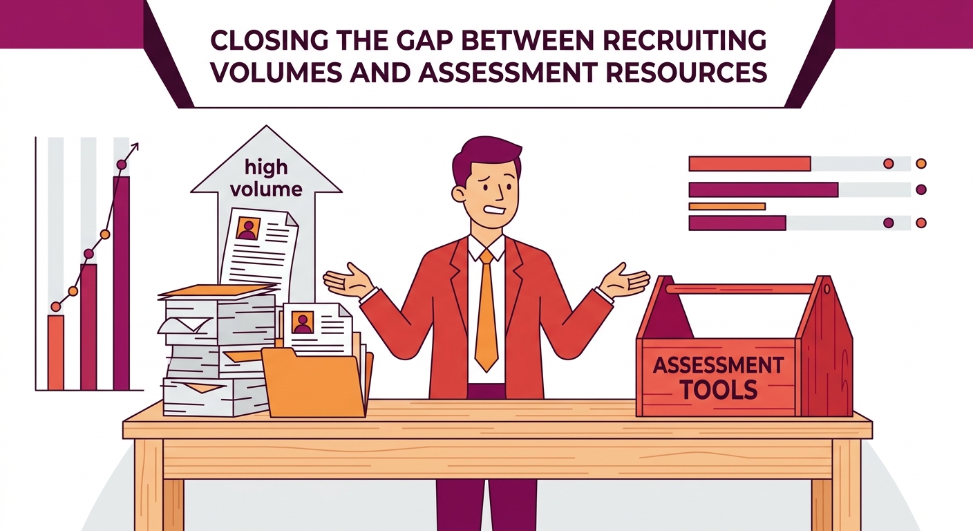 Illustration of a recruiter at a desk surrounded by stacks of resumes on one side and an empty toolbox labeled "assessment tools" on the other side, showing the gap between mandate and resources