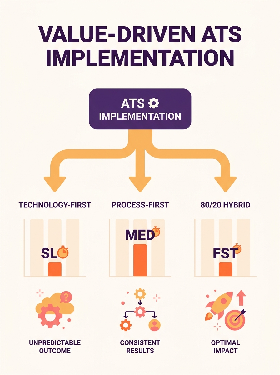 a simple diagram showing three branching paths from a single starting point labeled "ATS Implementation," with each path representing a different approach—technology-first, process-first, and 80/20 hy
