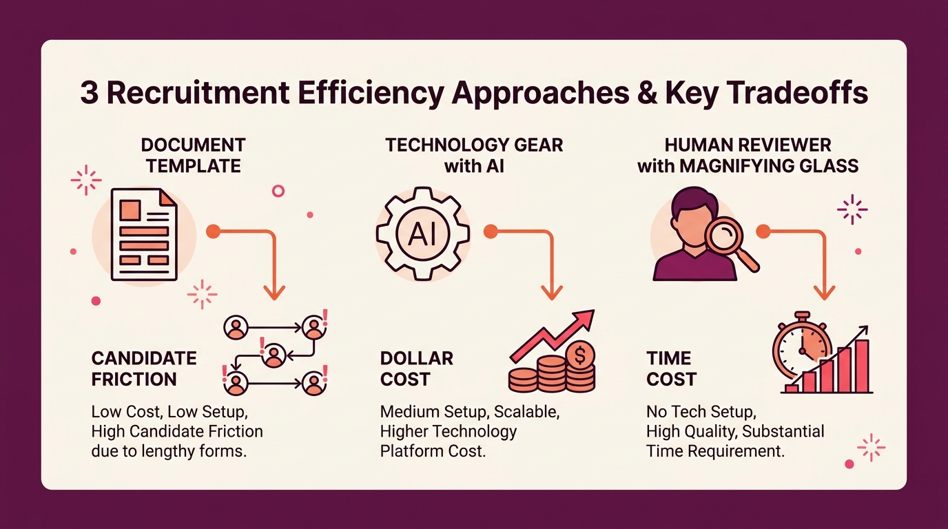 an infographic summarizing three approach icons—a document template, a technology gear with AI label, and a human reviewer with magnifying glass—each connected to their primary tradeoff: candidate fri