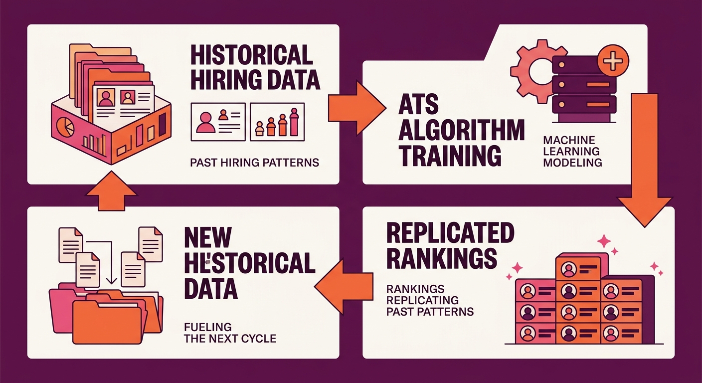A diagram showing a feedback loop where historical hiring data feeds into ATS algorithm training, which produces rankings that replicate past patterns, which then become the new historical data — illu
