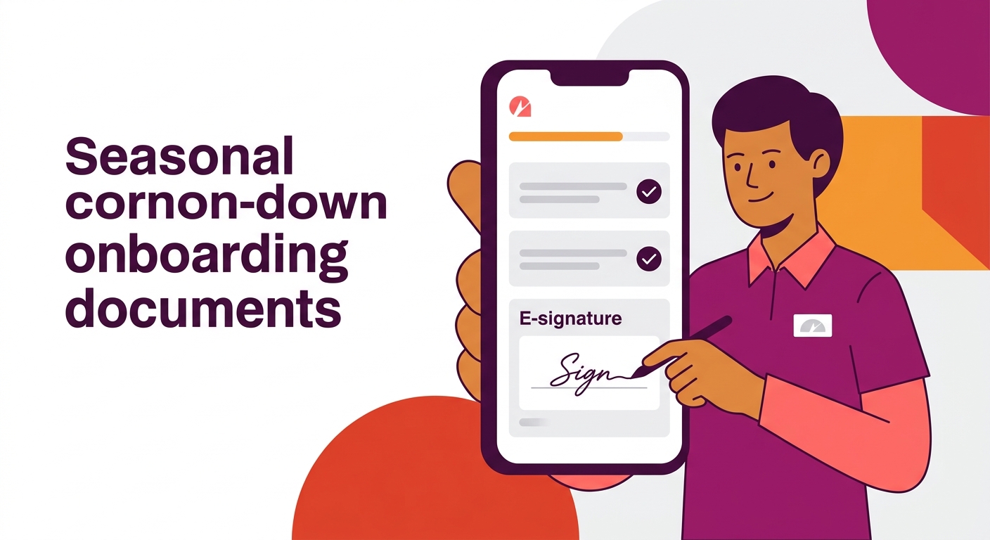 A seasonal retail worker completing onboarding documents on a smartphone, showing a mobile-friendly form interface with progress bar, e-signature field, and checkmark icons for completed sections