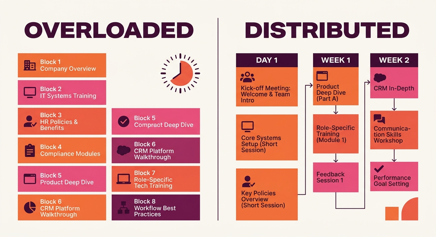a comparison showing two Day One schedules side by side. Left side labeled "Overloaded" shows 8 consecutive training blocks. Right side labeled "Distributed" shows 3 short sessions on Day One with rem