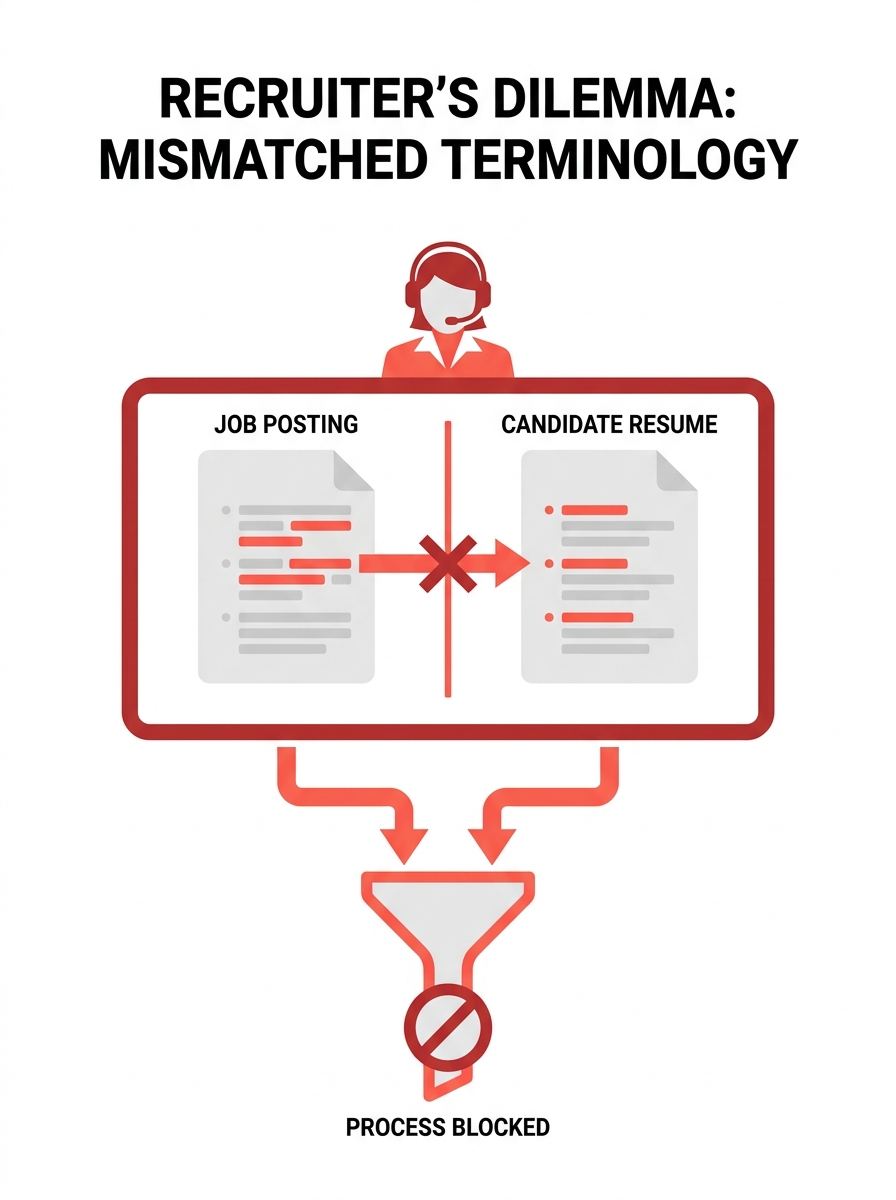 A recruiter reviewing a split screen showing a job posting on the left and a candidate resume on the right, with mismatched terminology highlighted in red on both sides