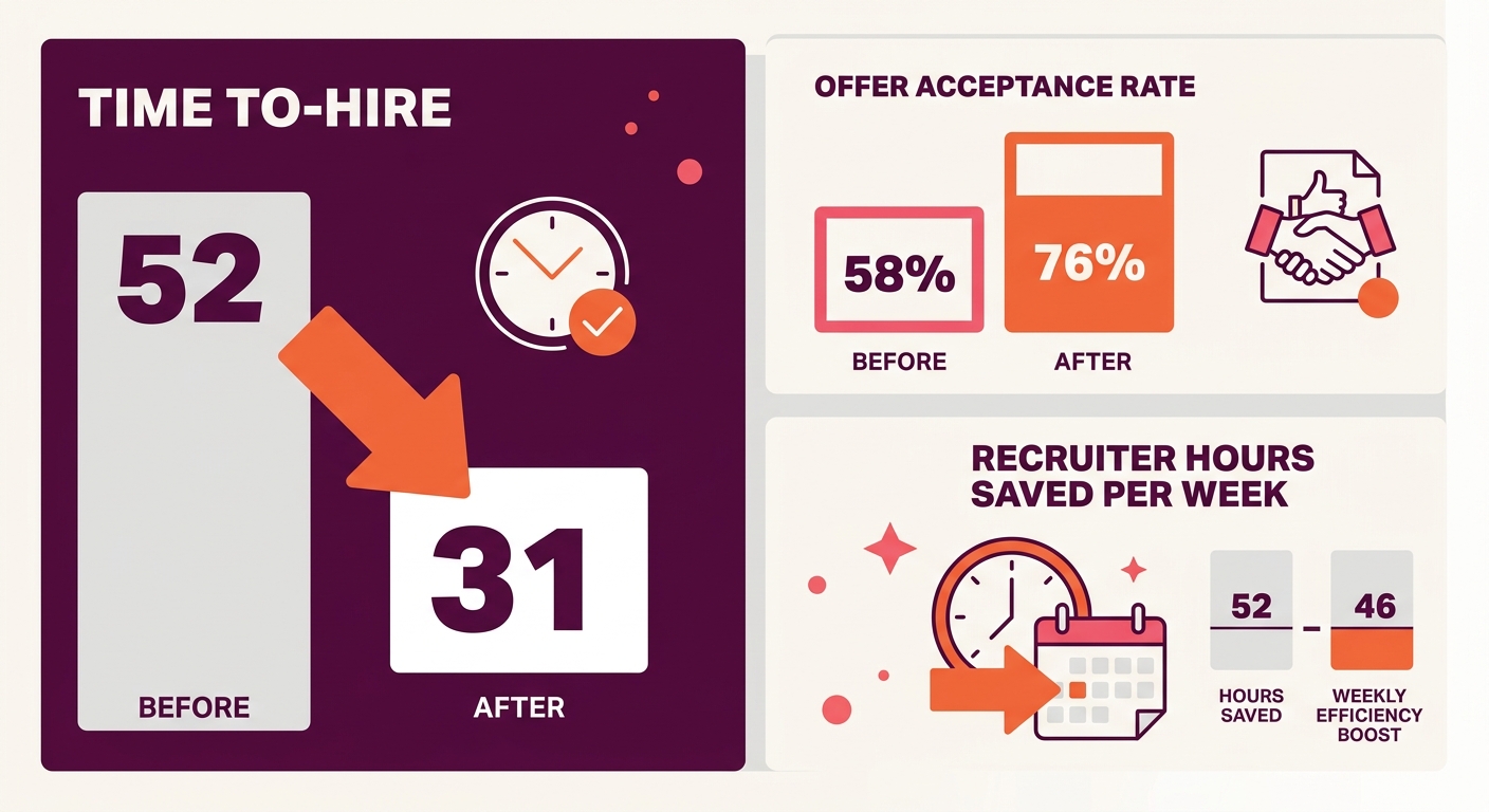 a dashboard visualization showing key recruiting metrics before and after the ATS workflow rebuild, including time-to-hire dropping from 52 to 31 days, offer acceptance rate rising from 58% to 76%, an