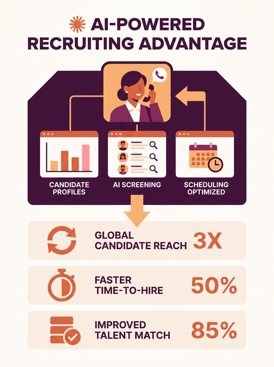 Recruiter speaking on phone while reviewing candidate profiles on multiple screens with AI interface visible