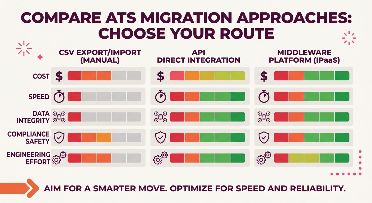 a visual comparison table showing three ATS migration approaches (CSV, API, Middleware) rated across five criteria (cost, speed, data integrity, compliance safety, engineering effort) using color-code