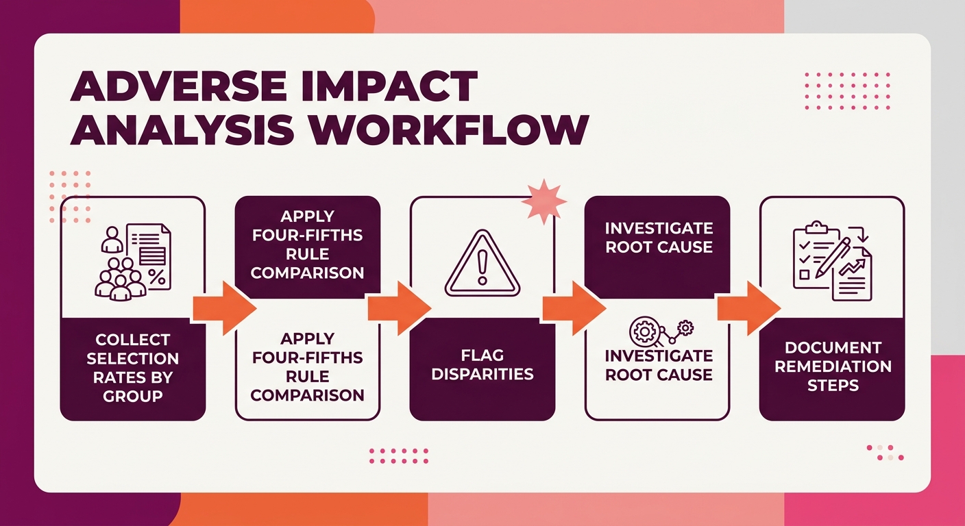 a flowchart showing the adverse impact analysis process with boxes for "collect selection rates by group," "apply four-fifths rule comparison," "flag disparities," "investigate root cause," and "docum