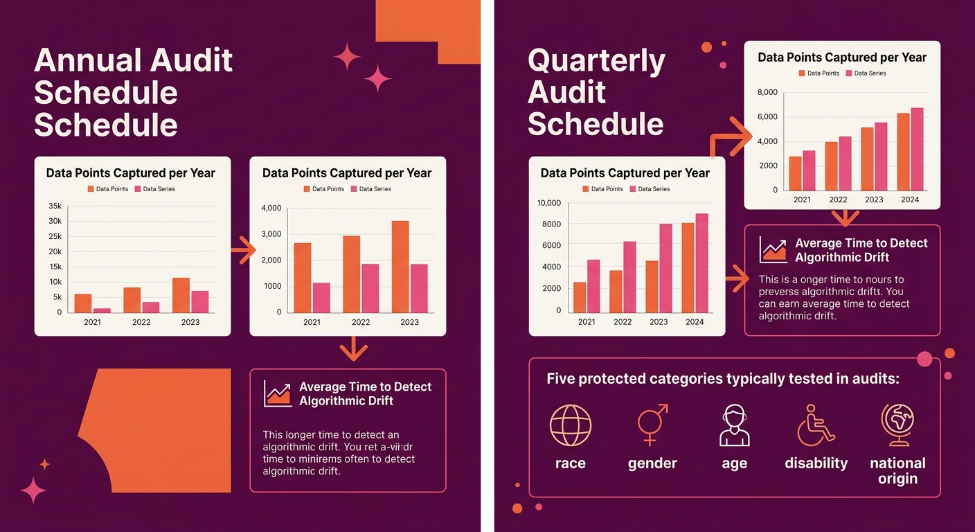 An infographic comparing annual vs. quarterly bias audit schedules, showing data points captured per year, average time to detect algorithmic drift, and the five protected categories tested: race, gen