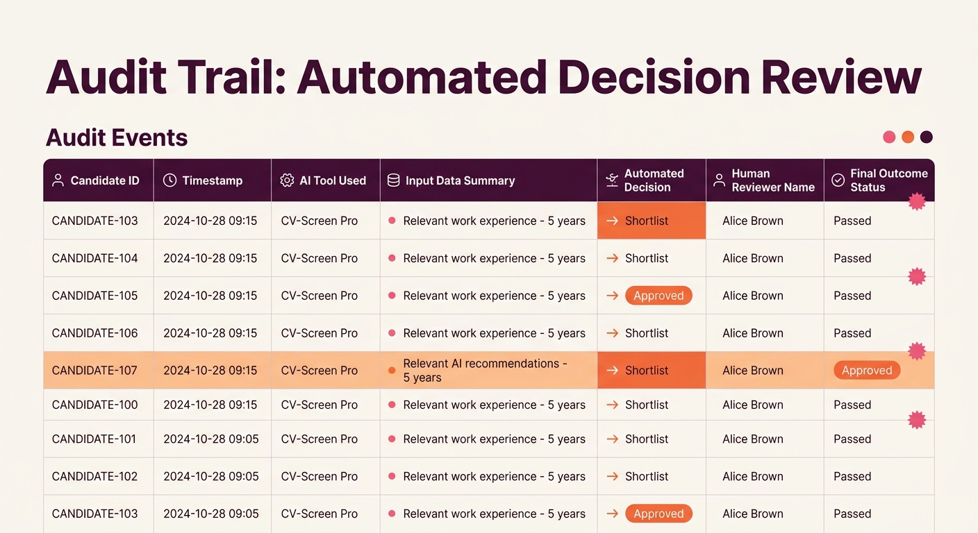A dashboard mockup showing an ATS audit trail with columns for candidate ID, timestamp, AI tool used, input data summary, automated decision, human reviewer name, and final outcome status