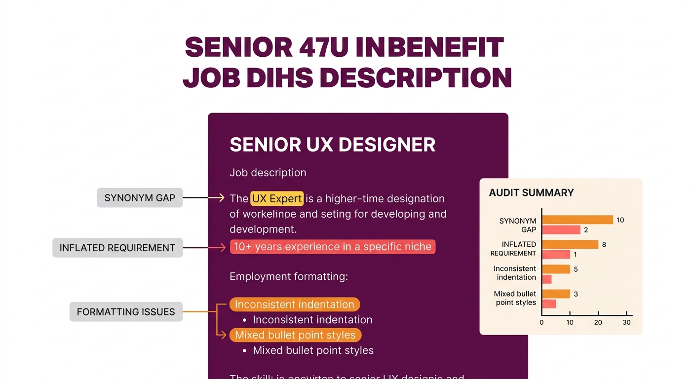 Screenshot-style illustration of a job description being audited, with colored highlights showing synonym gaps in yellow, inflated requirements in red, and formatting issues in orange