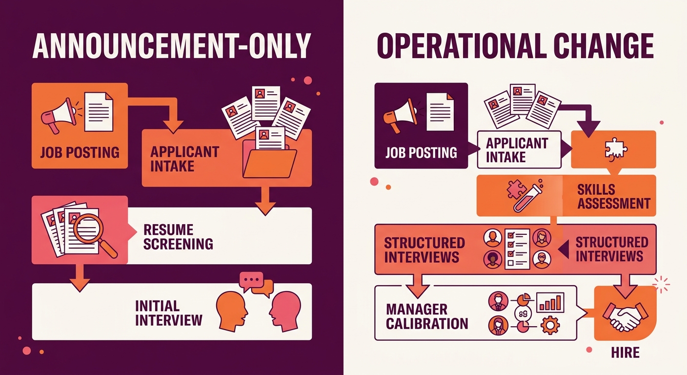 A comparison diagram showing two hiring workflows side by side — one labeled "Announcement-Only" with traditional resume screening steps unchanged, and one labeled "Operational Change" showing added s