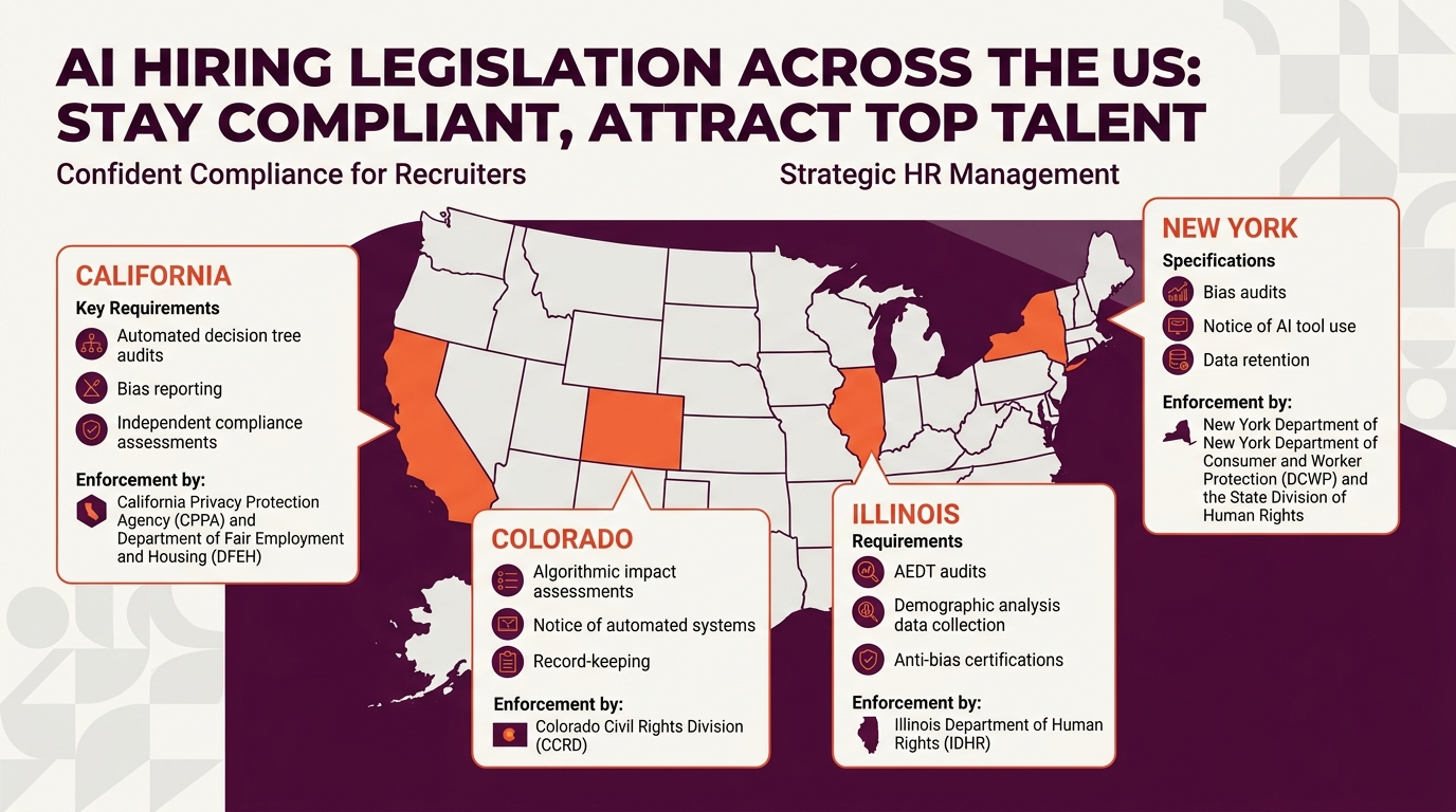 a US map highlighting states with active AI hiring legislation (California, Colorado, Illinois, New York) with callout boxes showing each state's key requirements and enforcement agencies