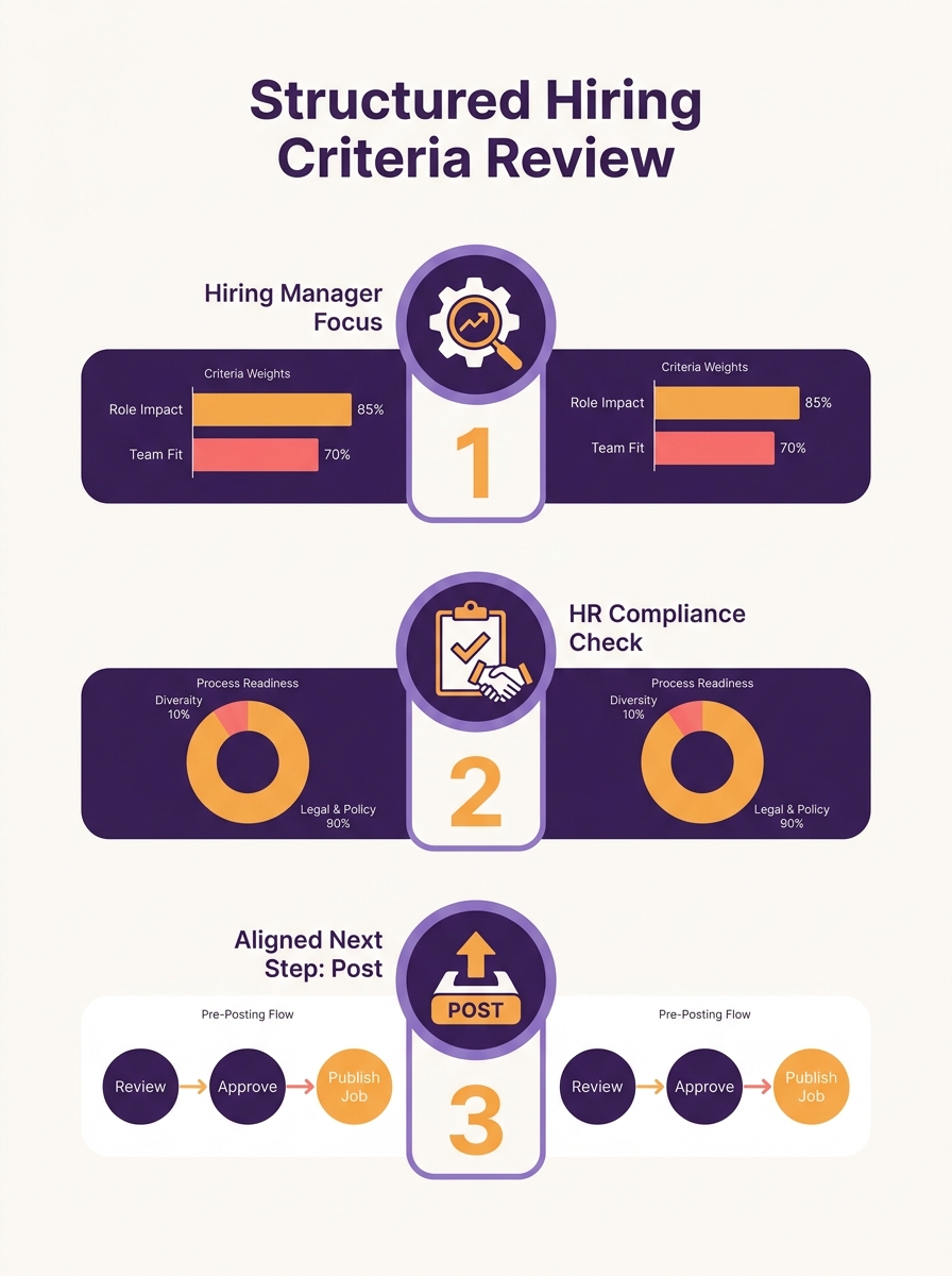 Hiring manager and HR team reviewing structured success criteria checklist before posting a job opening