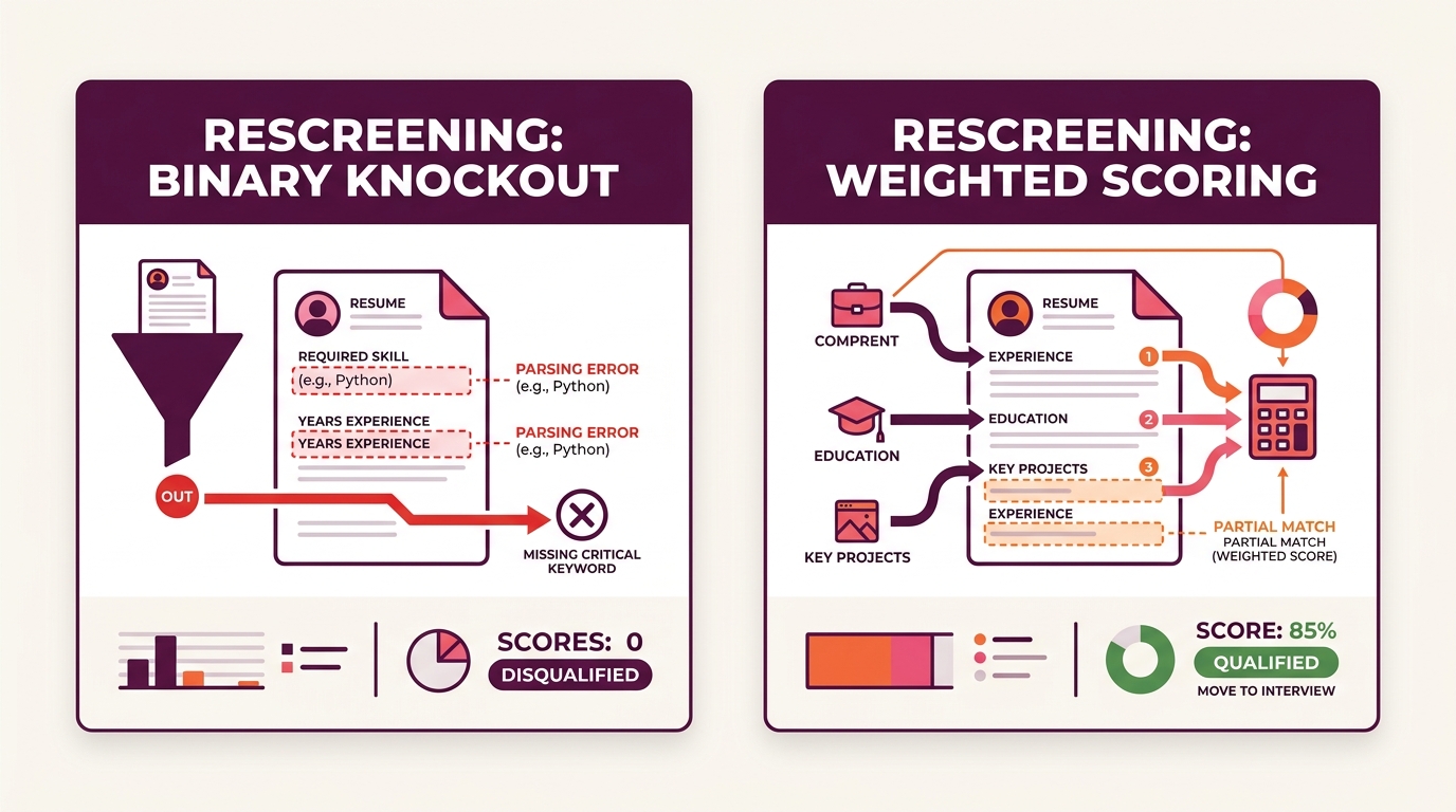 Side-by-side visualization showing how the same qualified candidate's resume scores differently under binary knockout vs weighted scoring, with specific fields highlighted where parsing errors change