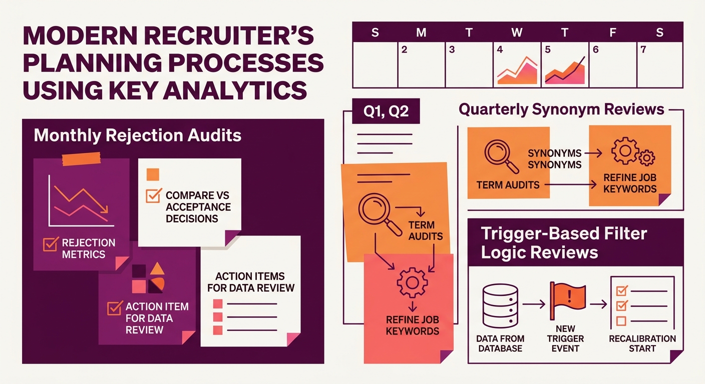 A practical illustration showing a calendar-based recalibration schedule with monthly rejection audits, quarterly synonym reviews, and trigger-based filter logic reviews, styled as a recruiter's plann