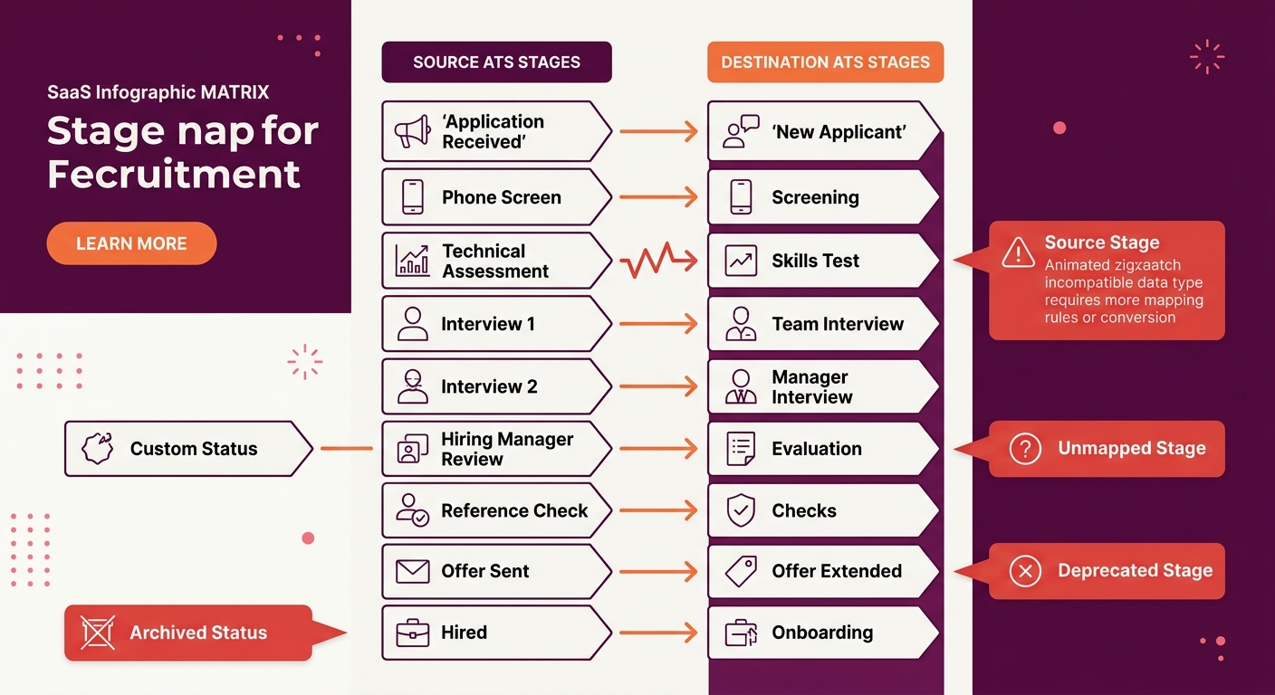 infographic showing a stage-mapping matrix with two columns, source ATS stages on the left mapped via arrows to destination ATS stages on the right, with red callouts highlighting mismatched stages, u