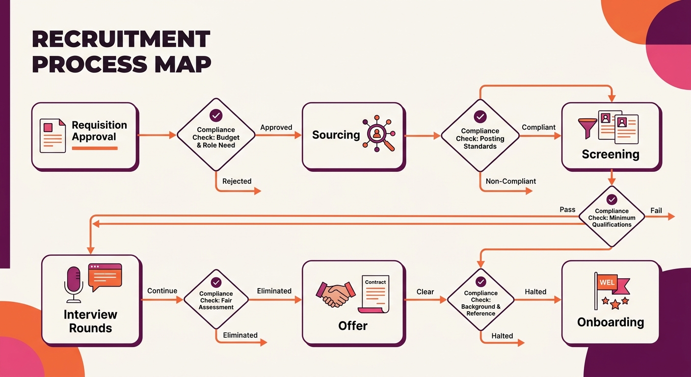 a flowchart showing a recruitment process map with defined stages—requisition approval, sourcing, screening, interview rounds, offer, onboarding—with decision points and compliance checkpoints marked