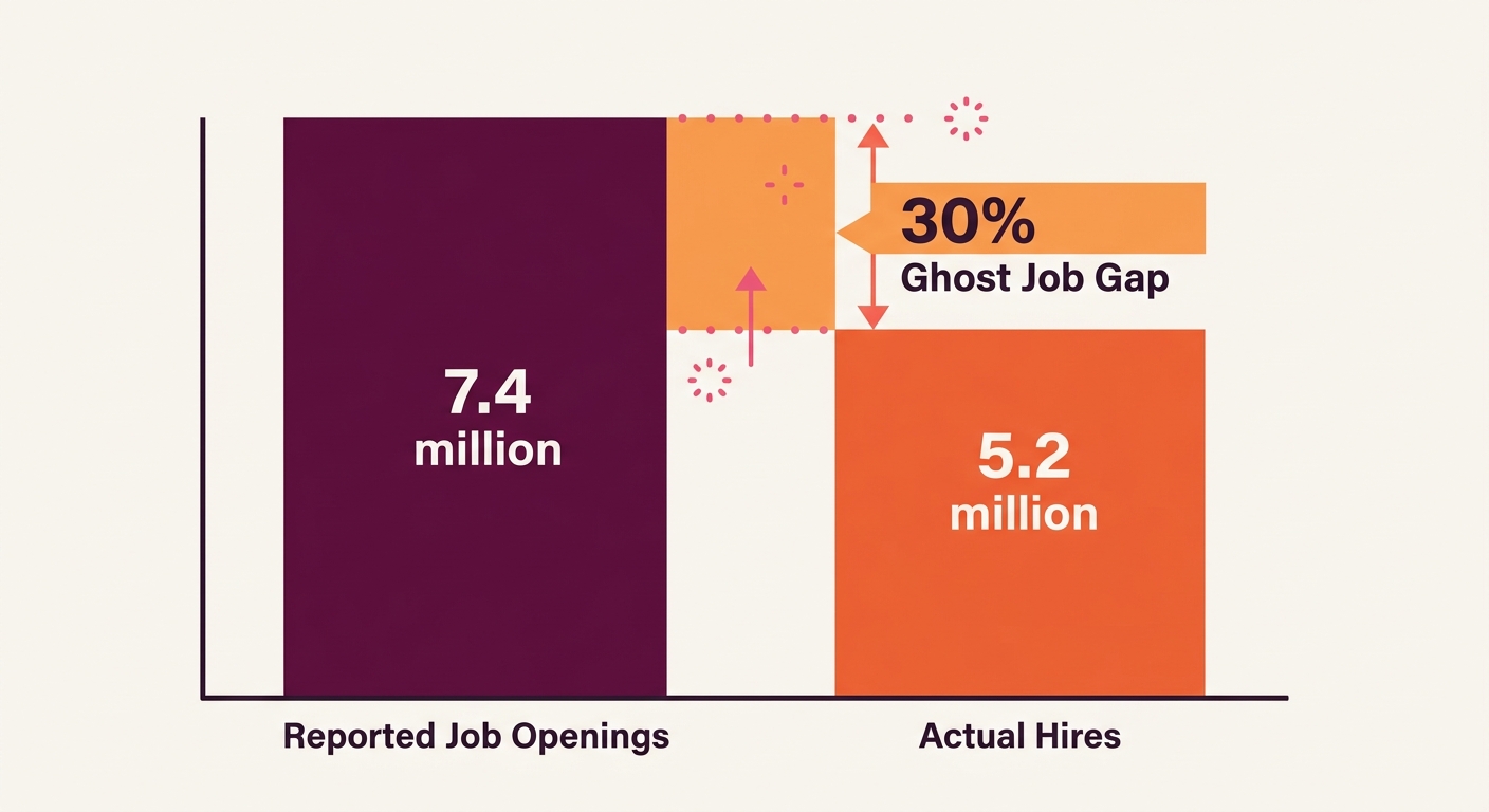 A bar chart comparing 7.4 million reported job openings versus 5.2 million actual hires, with the 30% gap highlighted and labeled as ghost jobs