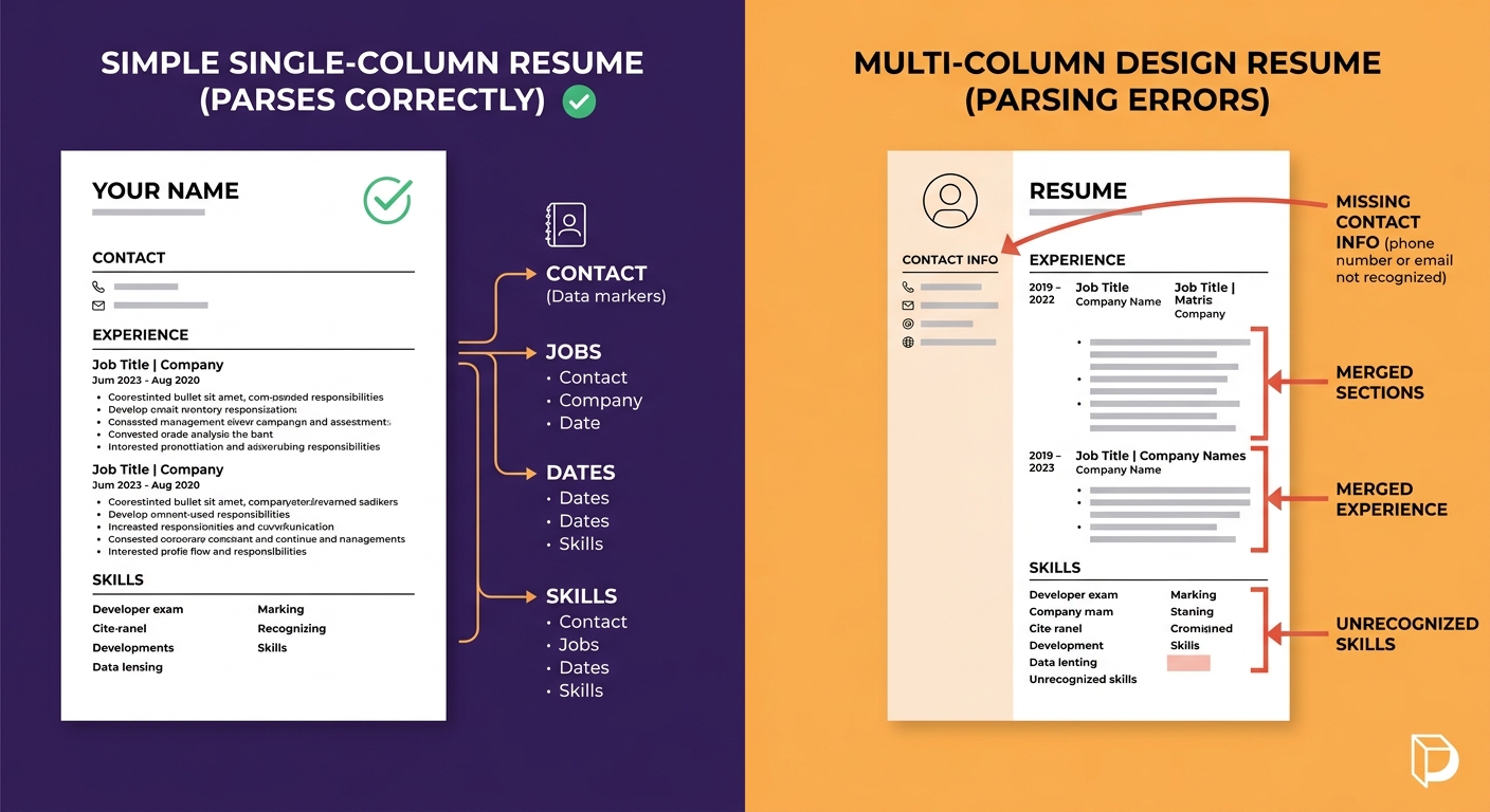 side-by-side comparison of a simple single-column resume parsing correctly versus a multi-column designed resume with parsing errors highlighted showing missing contact info, merged sections, and drop