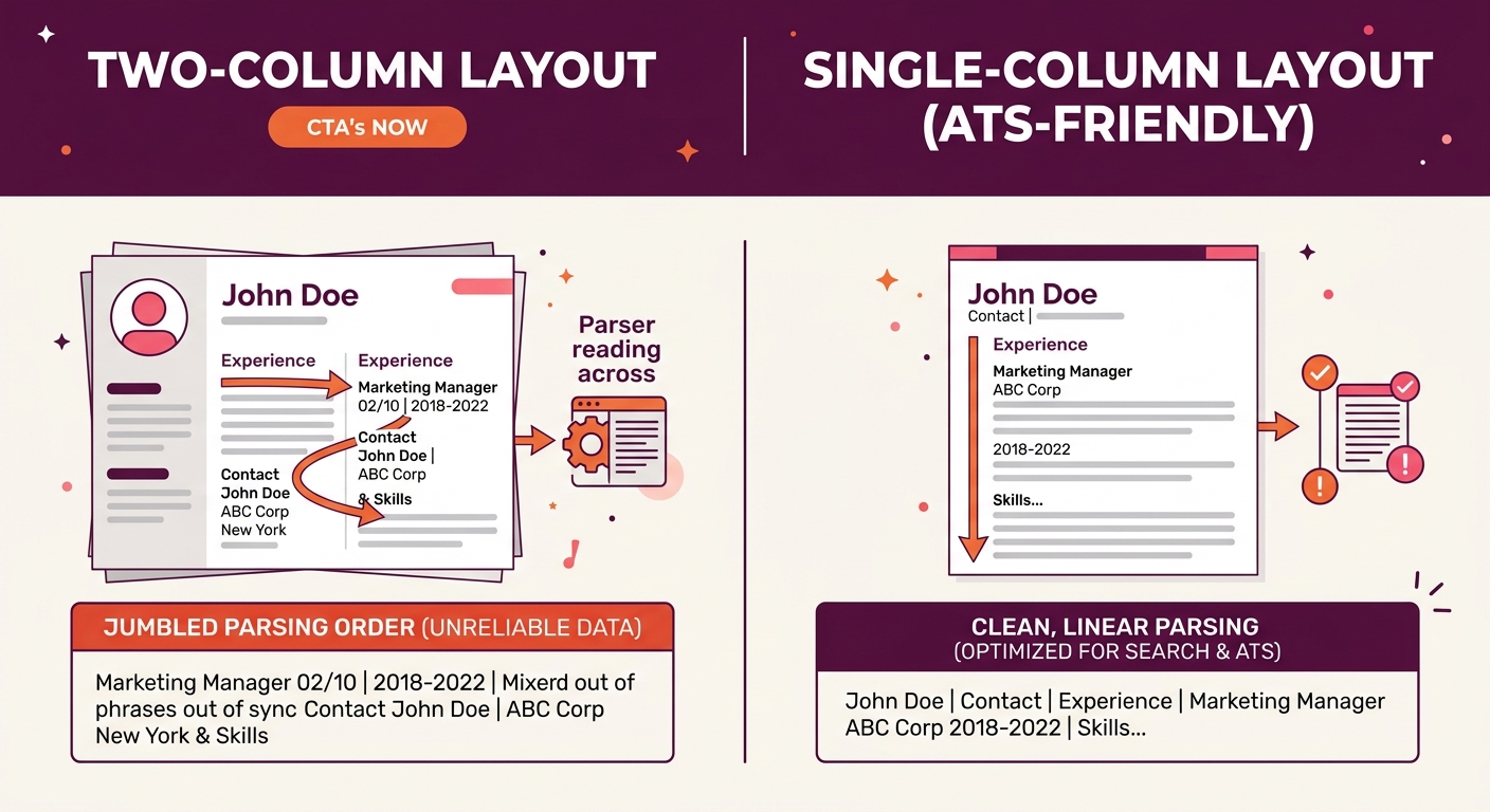 side-by-side visual of a two-column resume layout versus a single-column layout, showing how the parser reads text in jumbled order from the two-column version and cleanly from the single-column versi