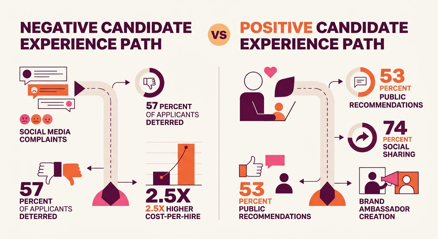 An infographic comparing two paths side by side - left path showing negative candidate experience leading to social media complaints, 57 percent of applicants deterred, and 2.5x higher cost-per-hire,